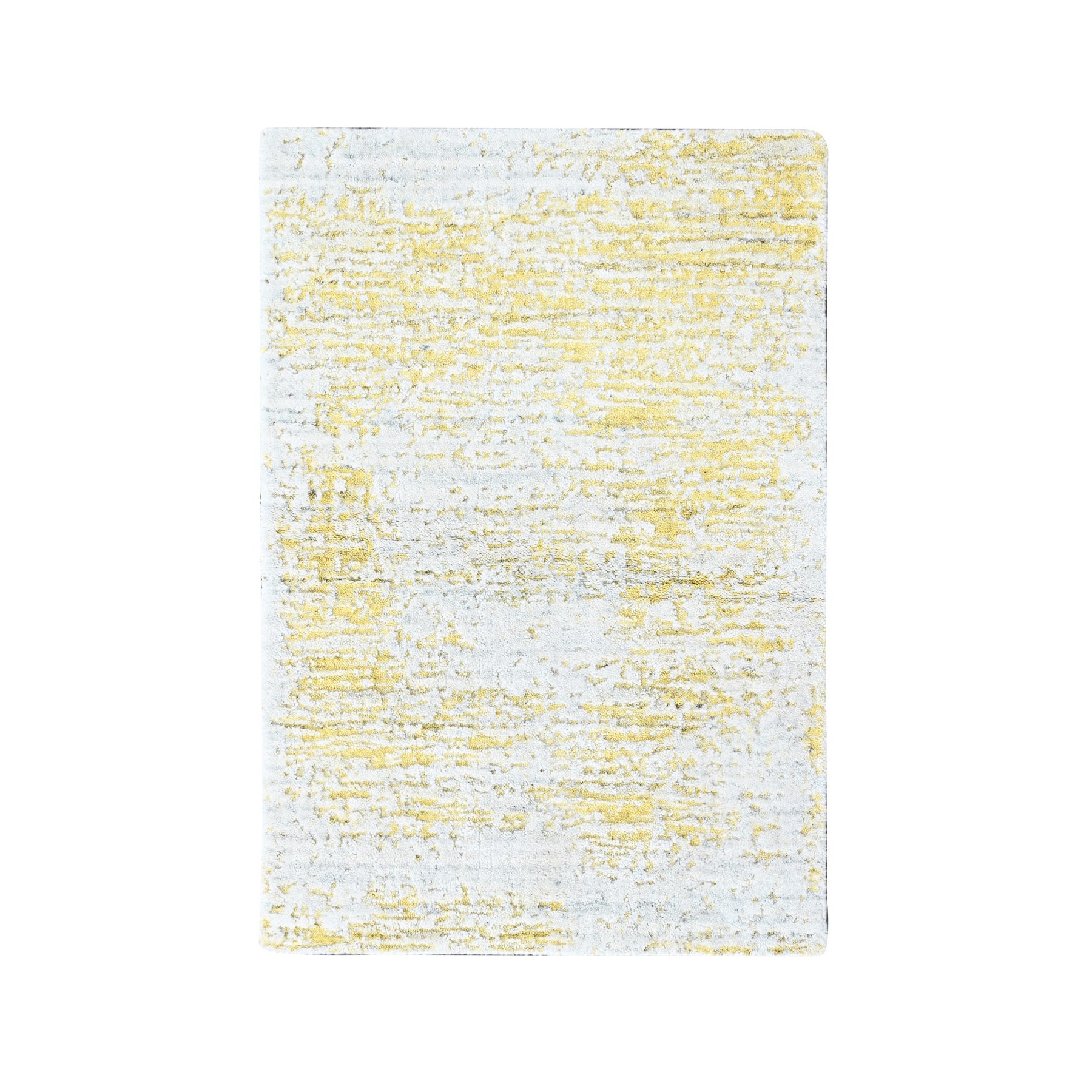 2'1"x3' Macaroon Yellow, Wool and Plant Based Silk, Hand Loomed, Textured Pile, Modern Design, Sample, Mat, Oriental Rug 
